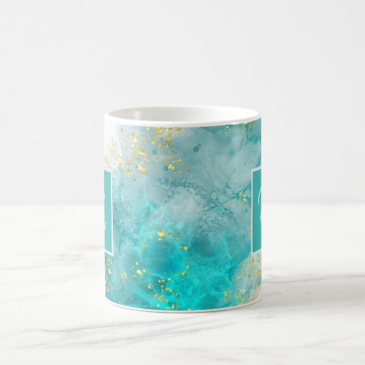 ライトブルーエレガントおよび金ゴールド名前をカスタムするコーヒー コーヒーマグカップ (中央)