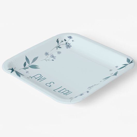 ライトブルーエレガントの花と離れダイネプレート ペーパープレート (傾斜あり)