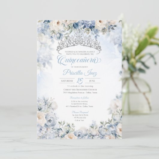 ライトブルーエレガントウォーターカラーフローラキンセアニラ 招待状 (スタンド正面)