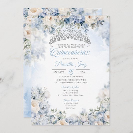 ライトブルーエレガントウォーターカラーフローラキンセアニラ 招待状 (正面/裏面)