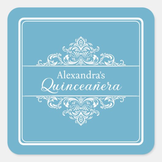 ライトブルーエレガントクインセアニラ誕生日フリット スクエアシール (正面)