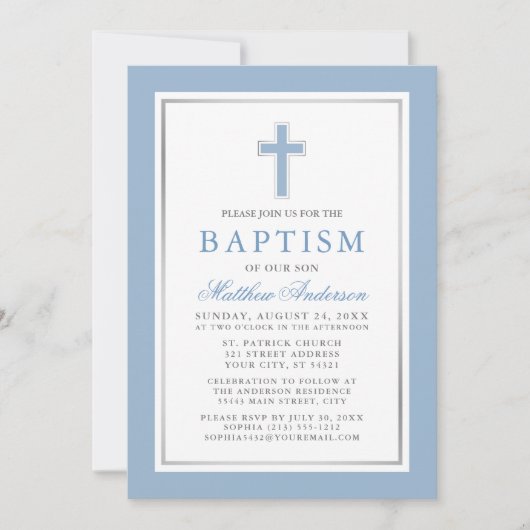 ライトブルーエレガントシルバーのバプテスマストライプのス 招待状 (正面)