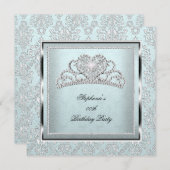 ライトブルーエレガントダマスクシルバーティアラ誕生日 招待状 (正面/裏面)