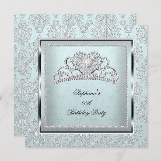 ライトブルーエレガントダマスクシルバーティアラ誕生日 招待状 (正面/裏面)