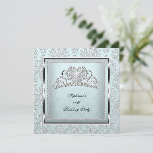 ライトブルーエレガントダマスクシルバーティアラ誕生日 招待状 (スタンド正面)