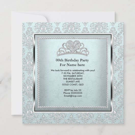 ライトブルーエレガントダマスクシルバーティアラ誕生日 招待状 (裏面)