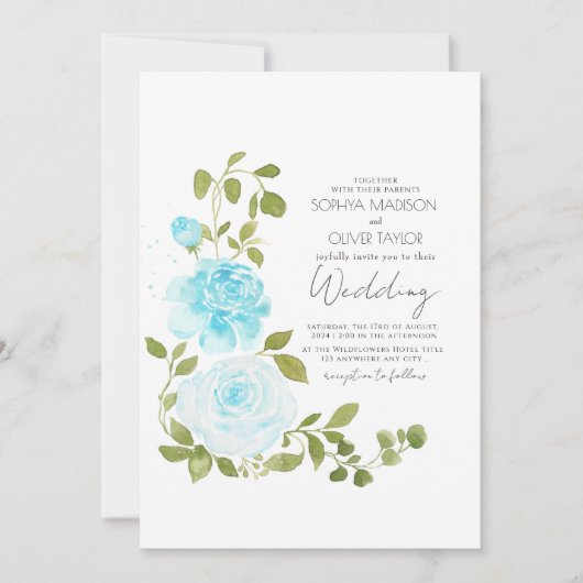 ライトブルーエレガントバラフローラ植物学 招待状 (正面)