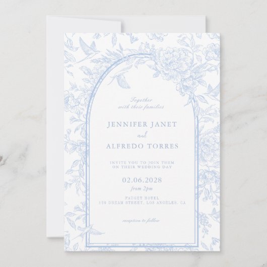 ライトブルーエレガントフローラ結婚ズ 招待状 (正面)