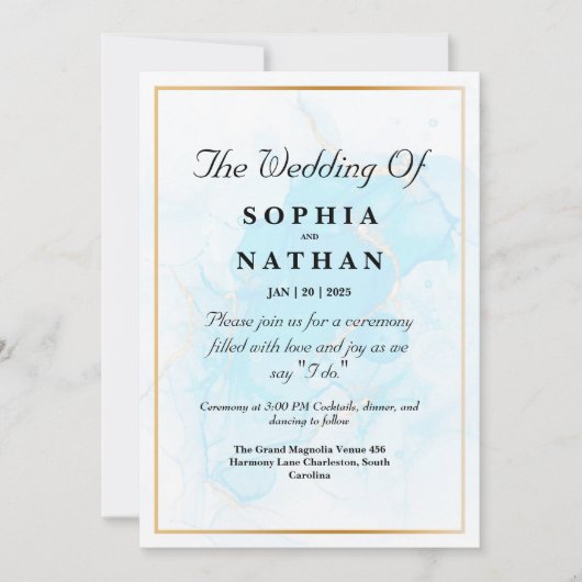 ライトブルーエレガントマーブル結婚式招待状 招待状 (正面)