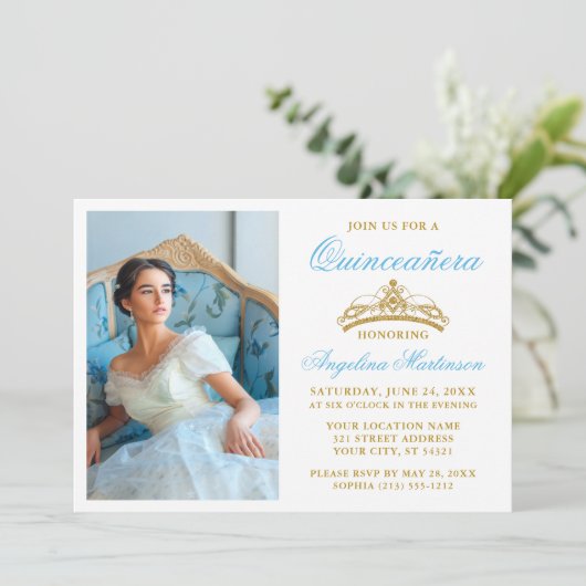 ライトブルーエレガント金ゴールドクラウン写真キンセアニェラ 招待状 (スタンド正面)