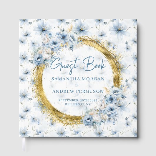 ライトブルーエレガント金ゴールドグリッター結婚ズゲストブック ゲストブック (正面)