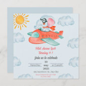 ライトブルーエレファントパイロット誕生日招待状 招待状 (正面/裏面)