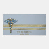 ライトブルーカドゥセウス医用フェイク金箔ストライプ製品 デスクマット (正面)