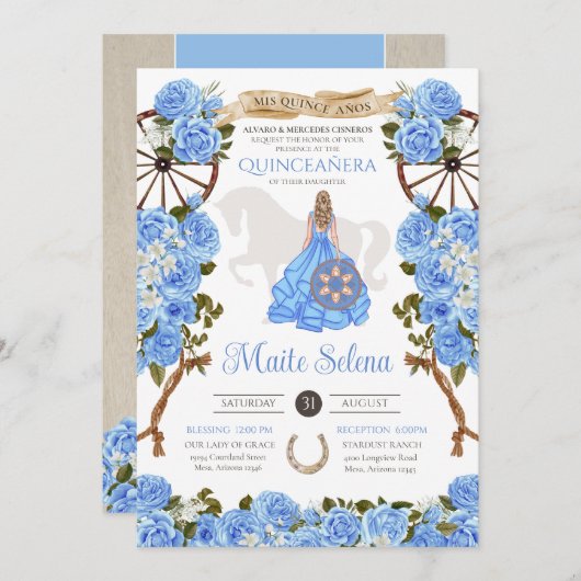 ライトブルーキンセアニェラエレガントバラウエスタンチャラ 招待状 (正面/裏面)