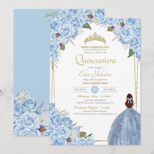 ライトブルーキンセアニェラフローラバラエレガントクリン 招待状 (正面/裏面)