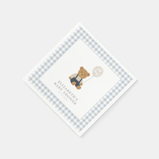 ライトブルーギンガムテディベア赤ちゃんシャワー スタンダードカクテルナプキン (角)