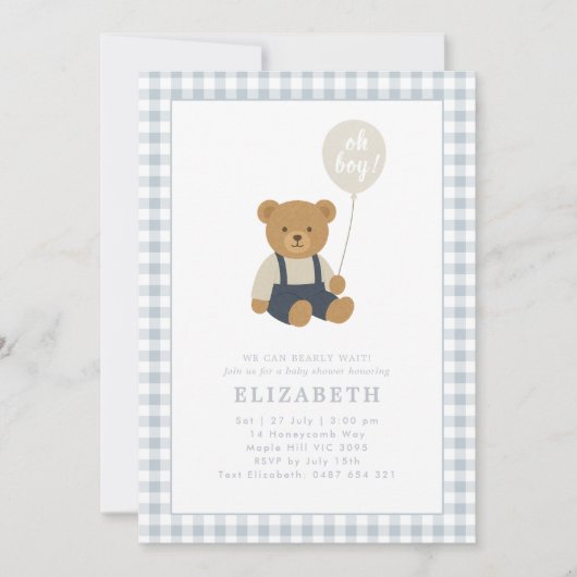 ライトブルーギンガムテディベア赤ちゃんシャワー 招待状 (正面)