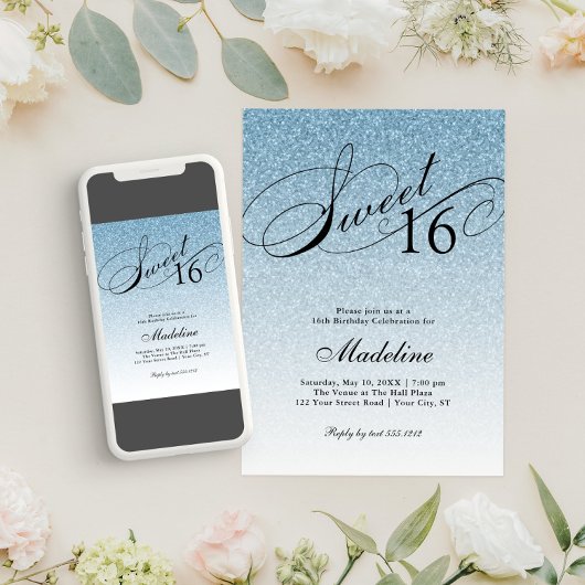 ライトブルーグラムグリッタースウィート16 招待状