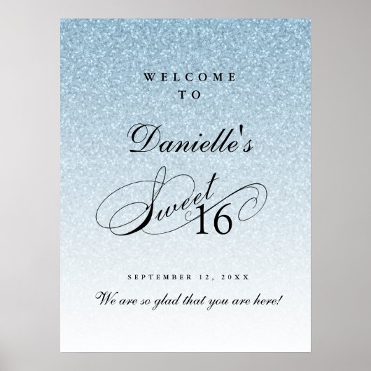 ライトブルーグリッタースウィート16パーソナライズされた歓迎 ポスター (正面)
