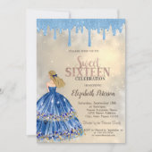 ライトブルーグリッタードリップスドレスガール金ゴールドスウィート16 招待状