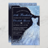 ライトブルーグリッタードレス&グラムエッジ誕生日 招待状 (正面/裏面)