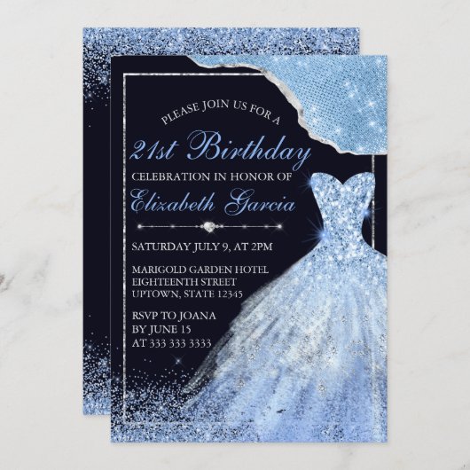ライトブルーグリッタードレス&グラムエッジ21stバースデー 招待状 (正面/裏面)