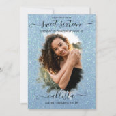 ライトブルーグリッターハローフォトコラージュスウィート16 招待状 (正面)