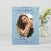 ライトブルーグリッターハローフォトコラージュスウィート16 招待状 (スタンド正面)