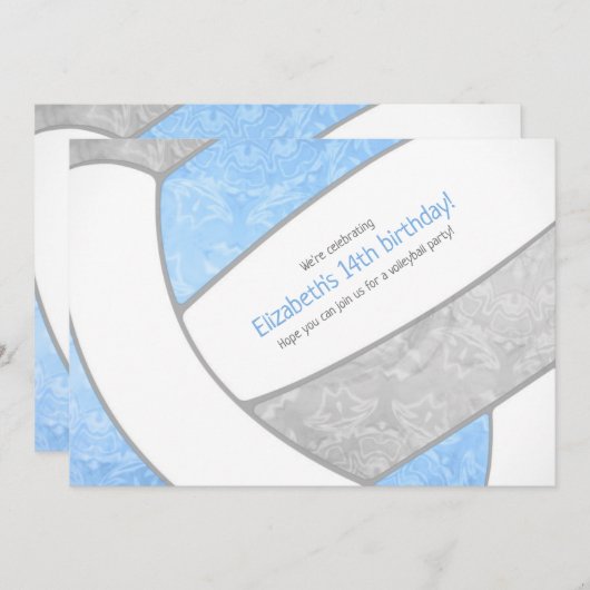 ライトブルーグレーガーリーバレーボール誕生日パーティー 招待状 (正面/裏面)