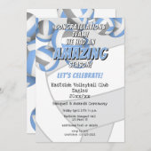 ライトブルーグレーチームカラーキッズバレーボールパーティー 招待状 (正面/裏面)