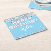 ライトブルーシルバーバースデーパーティー スクエアペーパーコースター (アングル)
