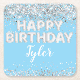 ライトブルーシルバーバースデーパーティー スクエアペーパーコースター