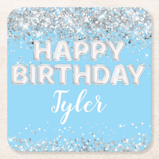 ライトブルーシルバーバースデーパーティー スクエアペーパーコースター (正面)