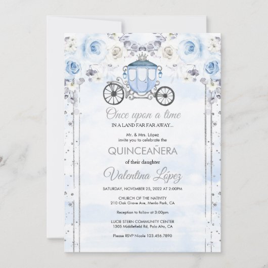 ライトブルーシルバープリンセスキンセアニェラ誕生日 招待状 (正面)