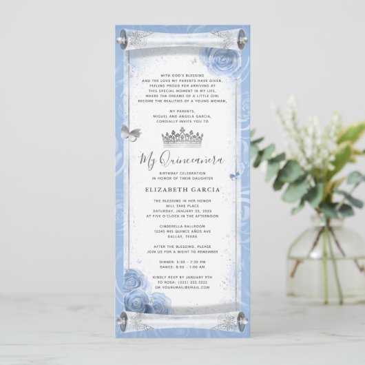 ライトブルーシルバー誕生日スクロール招待状カード 招待状 (スタンド正面)