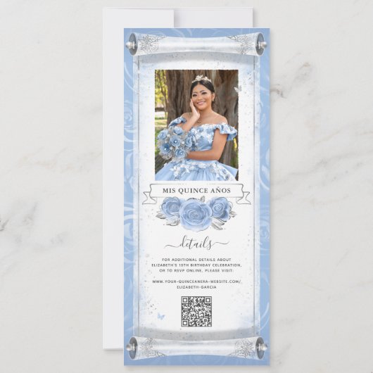 ライトブルーシルバー誕生日スクロール招待状カード 招待状 (裏面)