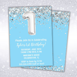 ライトブルーシルバー1st誕生日パーティー 招待状