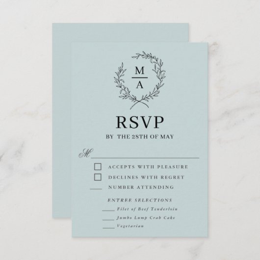 ライトブルーシンプルエレガントモノグラムRSVPと食事 出欠カード (正面/裏面)