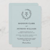 ライトブルーシンプルエレガントモノグラ結婚ム 招待状 (正面/裏面)