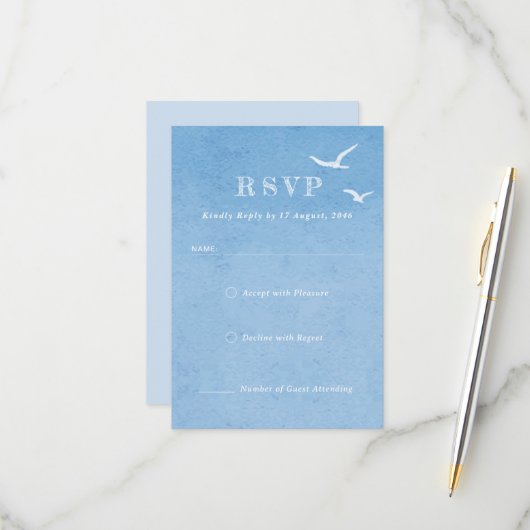 ライトブルースカイウォーターカラー結婚式招待状RSVP 出欠カード (正面/裏面インサイチュ)