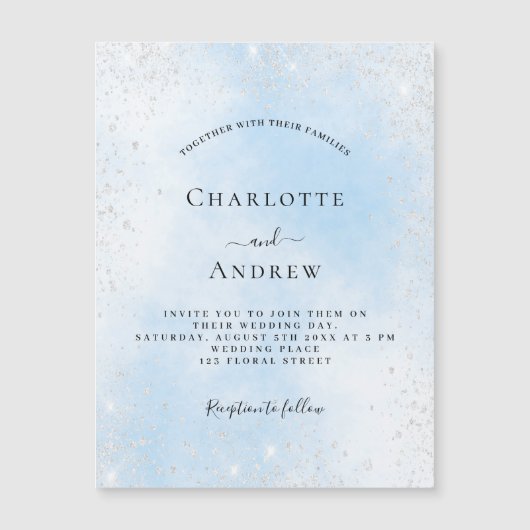 ライトブルースカイシルバーグリッターラグジュアリー結婚ズ マグネット招待状 (正面)