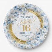 ライトブルースタイリッシュスウィート16金ゴールドグリッターパーティー ペーパープレート (正面)