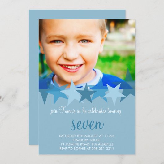 ライトブルースターズキッズフォト誕生日招待状 招待状 (正面/裏面)