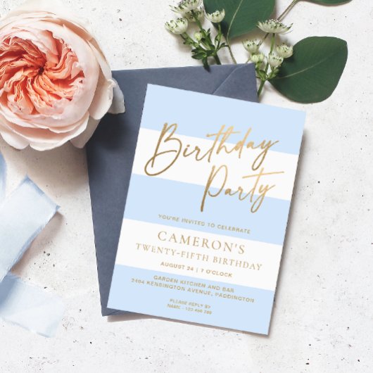 ライトブルーストライプ金ゴールド誕生日 招待状