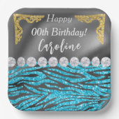 ライトブルーゼブラプリント&金ゴールドシルバー誕生日 ペーパープレート (正面)