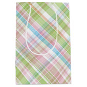 ライトブルーソフトグリーン赤面ピンクプレイドアートパターン ミディアムペーパーバッグ (正面)