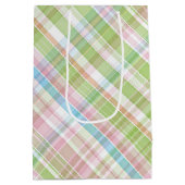 ライトブルーソフトグリーン赤面ピンクプレイドアートパターン ミディアムペーパーバッグ (裏面)