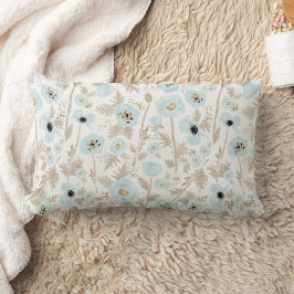 ライトブルータンウォーターカラーポピー類パターンプリント ランバークッション