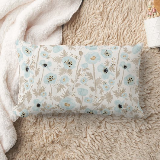 ライトブルータンウォーターカラーポピー類パターンプリント ランバークッション