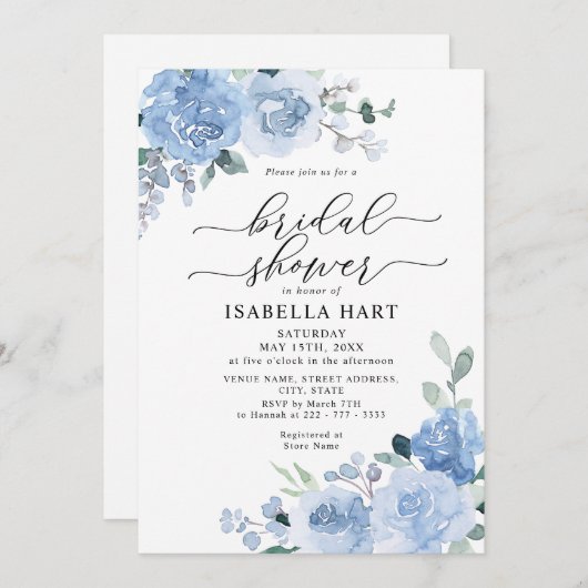 ライトブルーダスティボタニカルフローラブライダルシャワー 招待状 (正面/裏面)